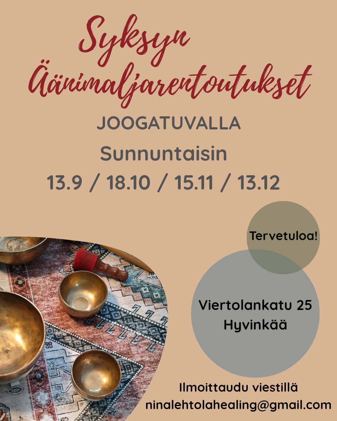 Äänimaljoja Äänimaljarentoutus Hyvinkää Vierotolankatu 25.